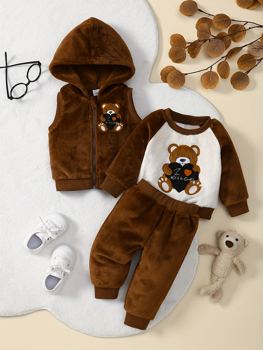 3pcs Baby Boy Winter Outfit Set, Cute Cartoon Bear Embroidery, Warm Reversible Fleece Long Sleeve Sweatshirt, Soft Plush Hooded Zip Vest, Stretchy Warm Pants, Polyester 100%, Crew Neck, Color Block, Knit Fabric, Regular Fit -