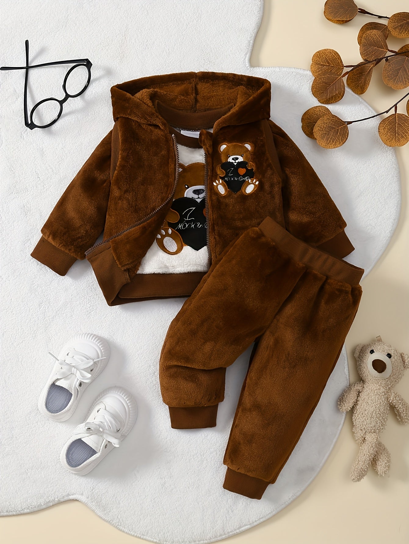 3pcs Baby Boy Winter Outfit Set, Cute Cartoon Bear Embroidery, Warm Reversible Fleece Long Sleeve Sweatshirt, Soft Plush Hooded Zip Vest, Stretchy Warm Pants, Polyester 100%, Crew Neck, Color Block, Knit Fabric, Regular Fit -