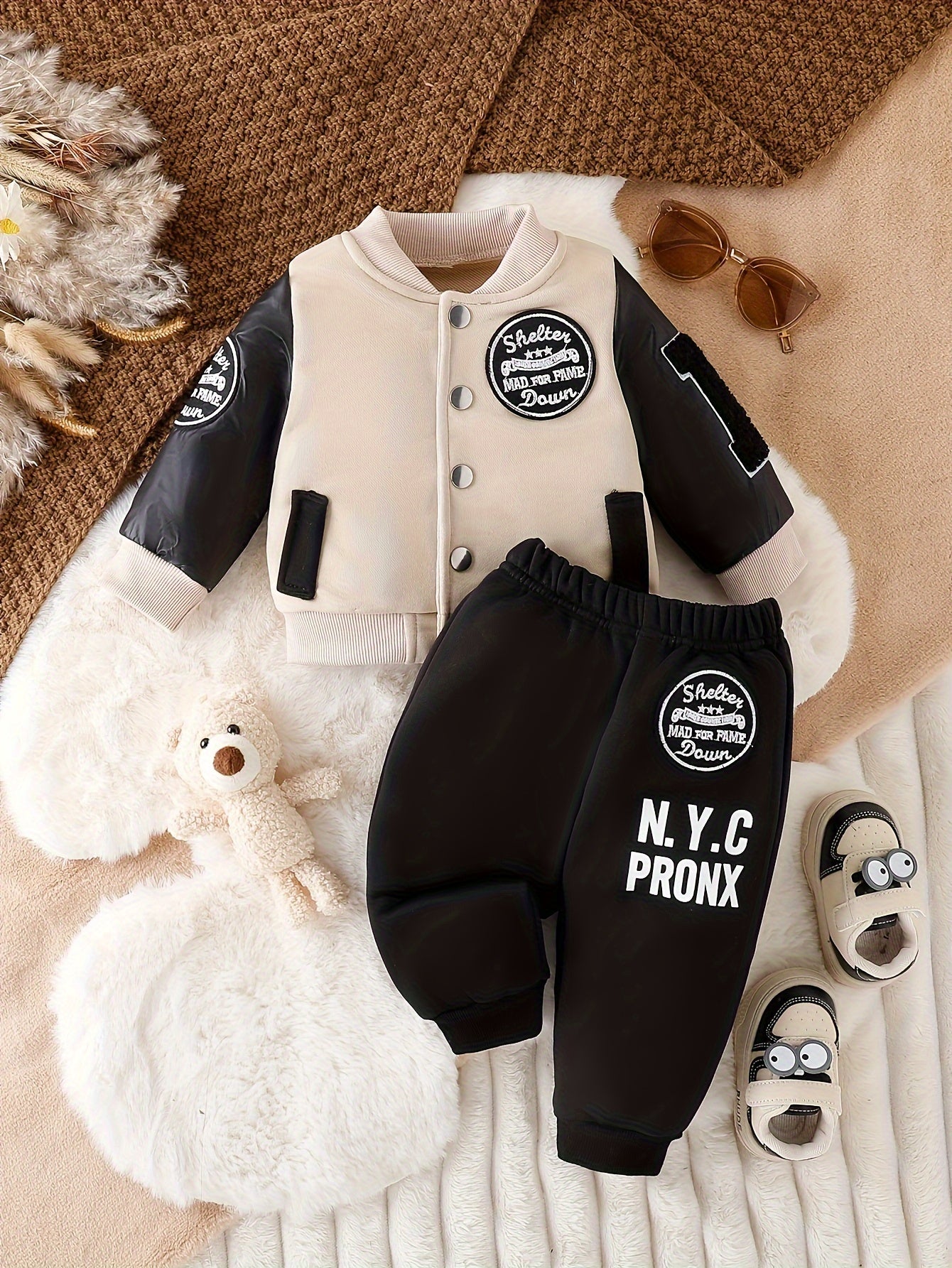 Boys' 2pcs Fall/Winter Outfit Set, Cotton & Polyester Blend, Long Sleeve Knit Sweater with Alphabet Applique, Regular Fit Pants, Casual Alphabet Pattern, Machine Washable, Outdoor Clothing, for Outdoor