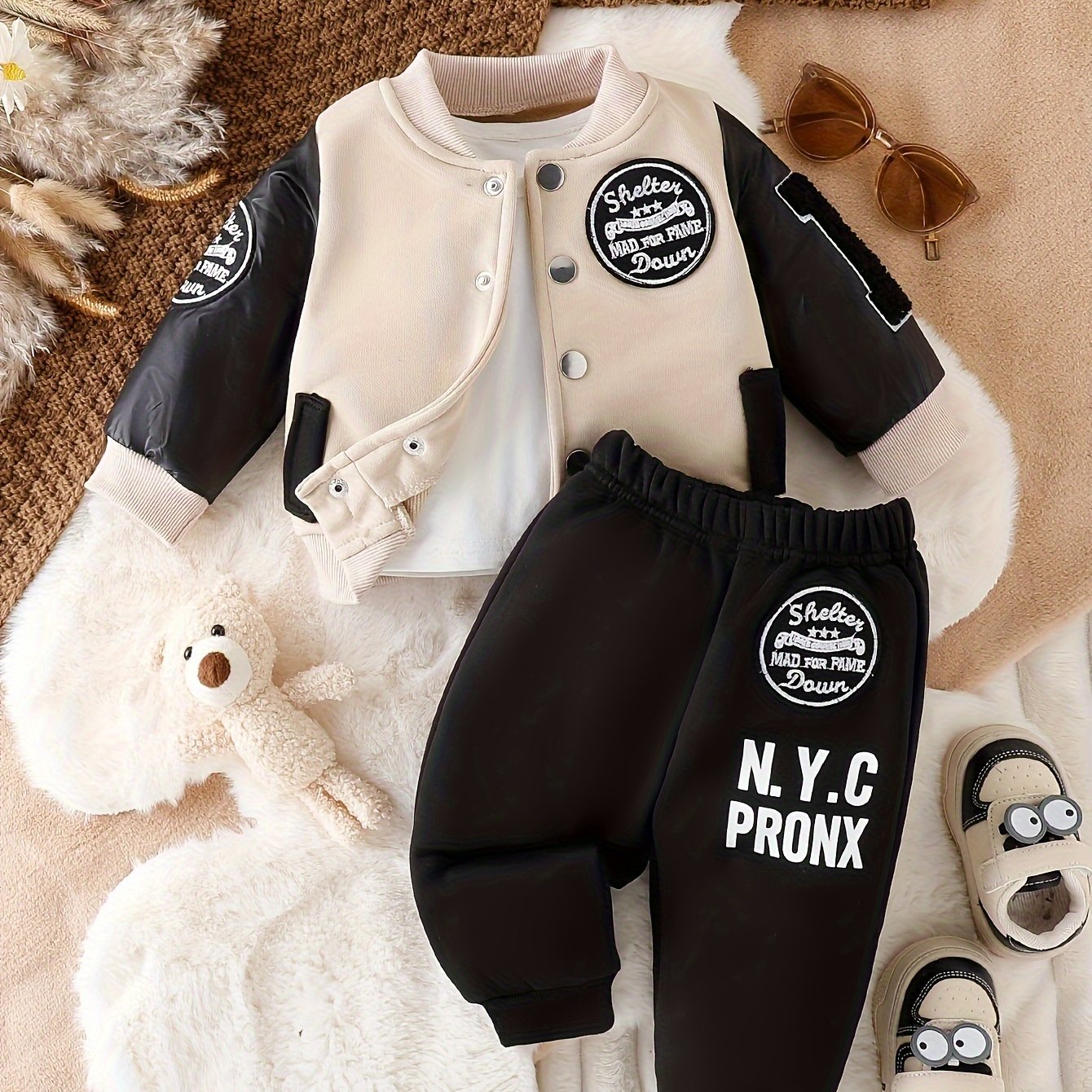 Boys' 2pcs Fall/Winter Outfit Set, Cotton & Polyester Blend, Long Sleeve Knit Sweater with Alphabet Applique, Regular Fit Pants, Casual Alphabet Pattern, Machine Washable, Outdoor Clothing, for Outdoor