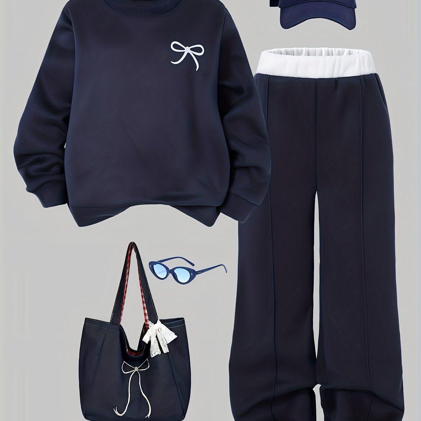 Girls' 2pcs Winter Outfit Set - Oversized -Lined Bow Print Sweatshirt & Navy Blue Wide-Leg Pants, Cozy 2pcs Sweatsuit for, Playdates, Casual Wear - Warm Loose-Fit Matching Clothes (Ideal Gift for), Perfect for Outdoor