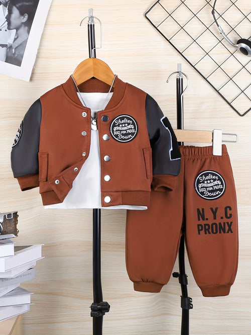 Boys' 2pcs Fall/Winter Outfit Set, Cotton & Polyester Blend, Long Sleeve Knit Sweater with Alphabet Applique, Regular Fit Pants, Casual Alphabet Pattern, Machine Washable, Outdoor Clothing, for Outdoor