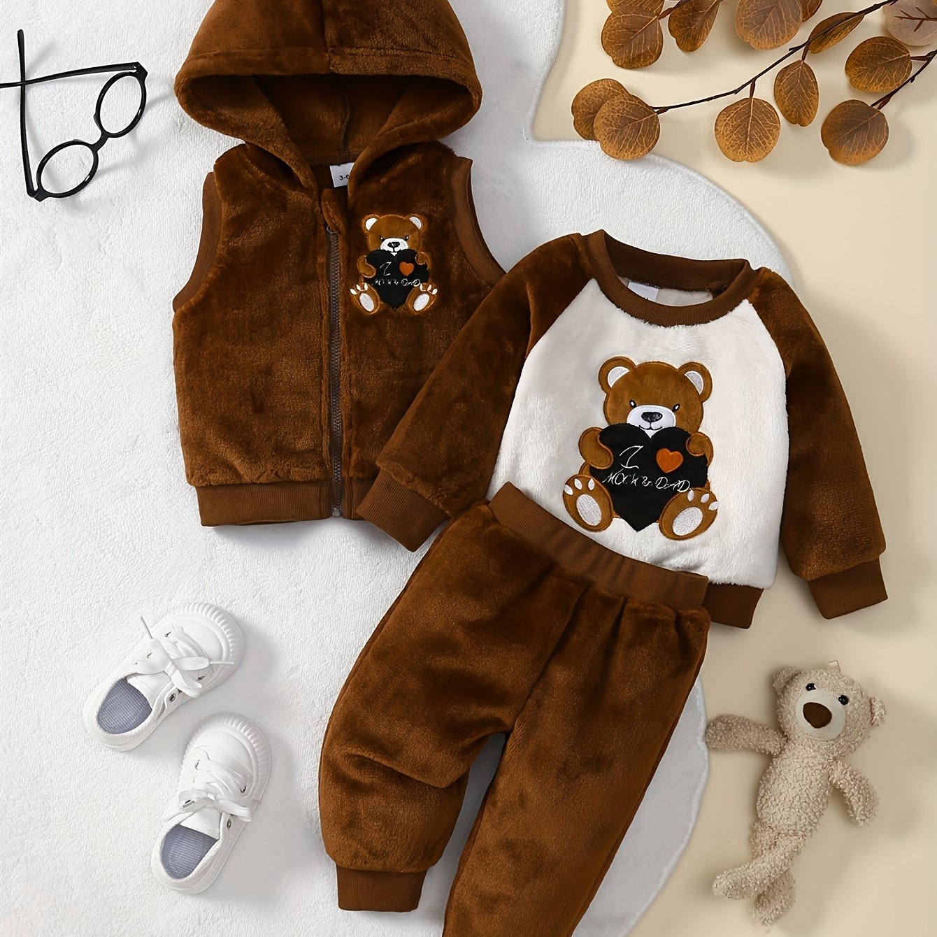 3pcs Baby Boy Winter Outfit Set, Cute Cartoon Bear Embroidery, Warm Reversible Fleece Long Sleeve Sweatshirt, Soft Plush Hooded Zip Vest, Stretchy Warm Pants, Polyester 100%, Crew Neck, Color Block, Knit Fabric, Regular Fit -