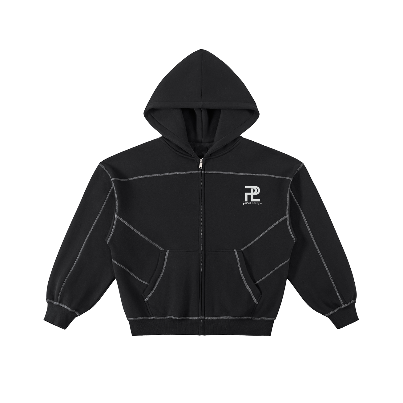 Princelife Contrast-Stitched Boxy Fleece Zip Hoodie