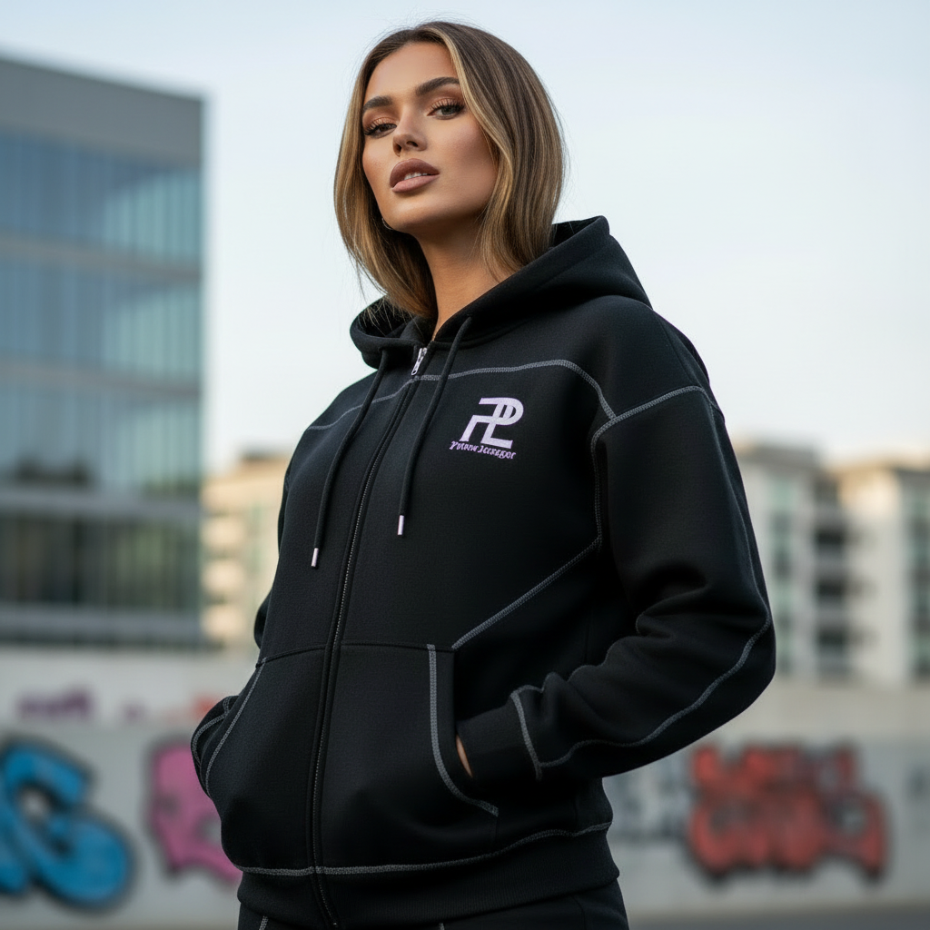 Princelife Contrast-Stitched Boxy Fleece Zip Hoodie