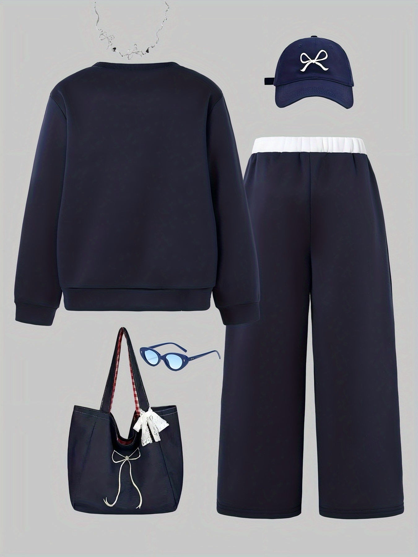 Girls' 2pcs Winter Outfit Set - Oversized -Lined Bow Print Sweatshirt & Navy Blue Wide-Leg Pants, Cozy 2pcs Sweatsuit for, Playdates, Casual Wear - Warm Loose-Fit Matching Clothes (Ideal Gift for), Perfect for Outdoor