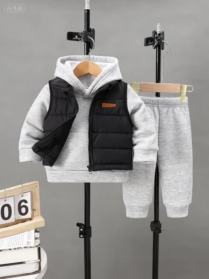 Boys' 3pcs Fall/Winter Outfit Set - Casual Zip Vest, Hoodie & Pants in Solid Color Gray - for Ages 0-3, Perfect for Outdoor