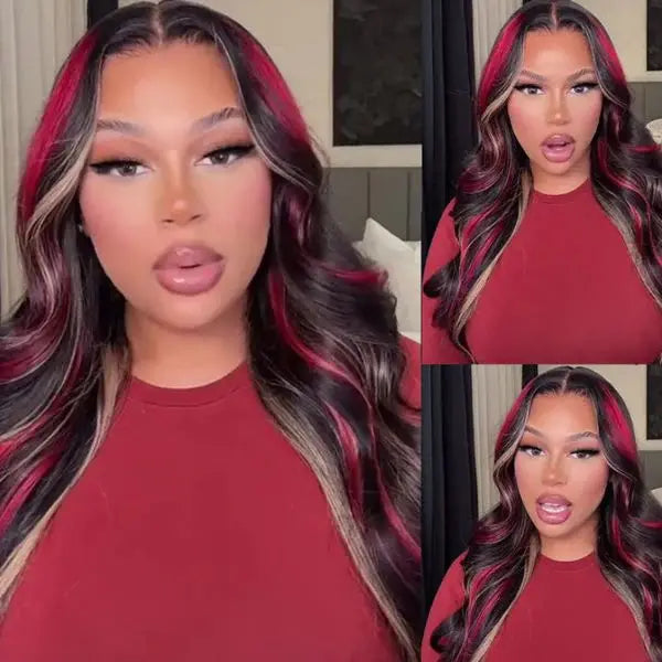 13X6 Lace Front Wig Highlight Black with Red Blonde Wig Synthetic 13x4 Lace Front Wigs Pre Plucked With Hairline Women's Wig