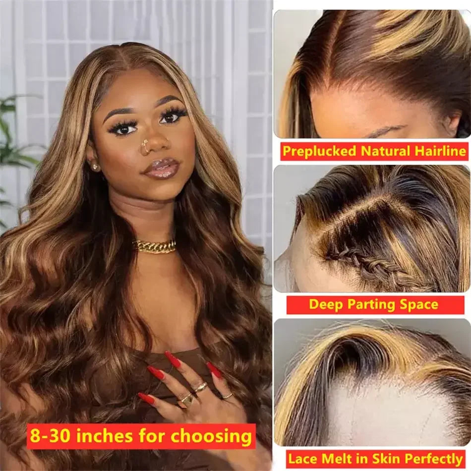 13x4 HD Lace Frontal Piano Highlights Body Wave Wig with Brown Blonde Highlight Glueless Wig Chocolate Highlight Human Hair Wig