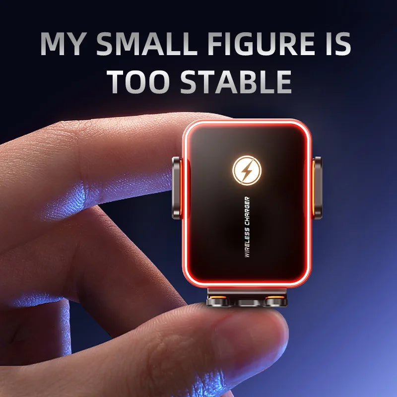 Small 15W Wireless Car Charging Holder with Automatic Clamping Phone Holder and LED Light Adjustment Button