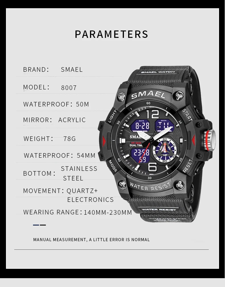 Military Watch Quartz Wristwatches Sport 50M Waterproof Alarm Clock Light Analog Digital Male Clocks 8007 Mens Watches Digital