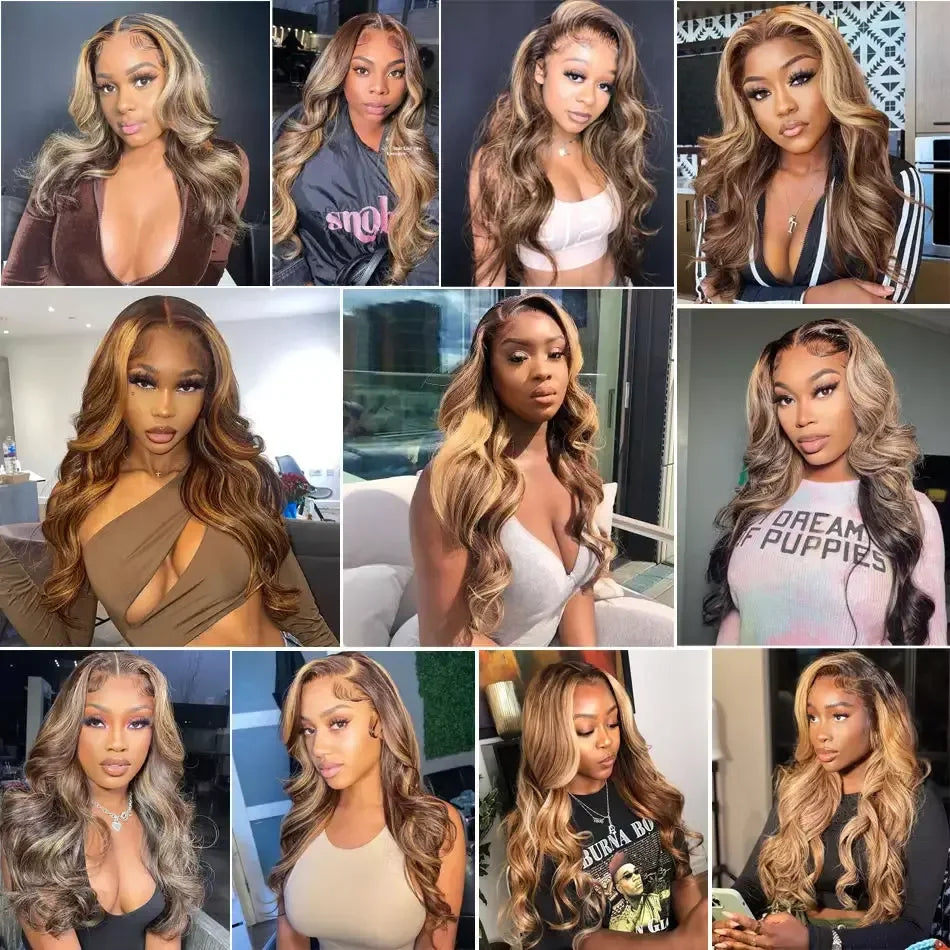 13x4 HD Lace Frontal Piano Highlights Body Wave Wig with Brown Blonde Highlight Glueless Wig Chocolate Highlight Human Hair Wig