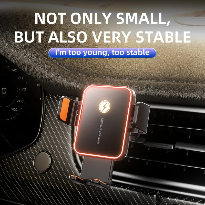 Small 15W Wireless Car Charging Holder with Automatic Clamping Phone Holder and LED Light Adjustment Button