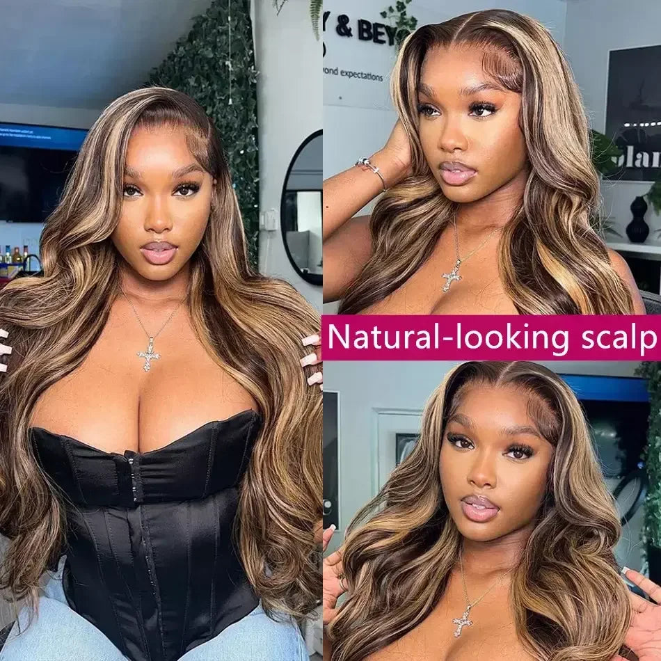 13x4 HD Lace Frontal Piano Highlights Body Wave Wig with Brown Blonde Highlight Glueless Wig Chocolate Highlight Human Hair Wig