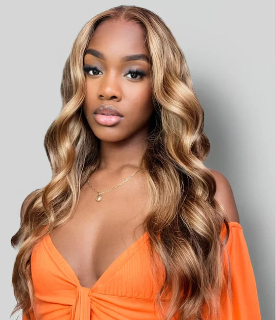 13x4 HD Lace Frontal Piano Highlights Body Wave Wig with Brown Blonde Highlight Glueless Wig Chocolate Highlight Human Hair Wig