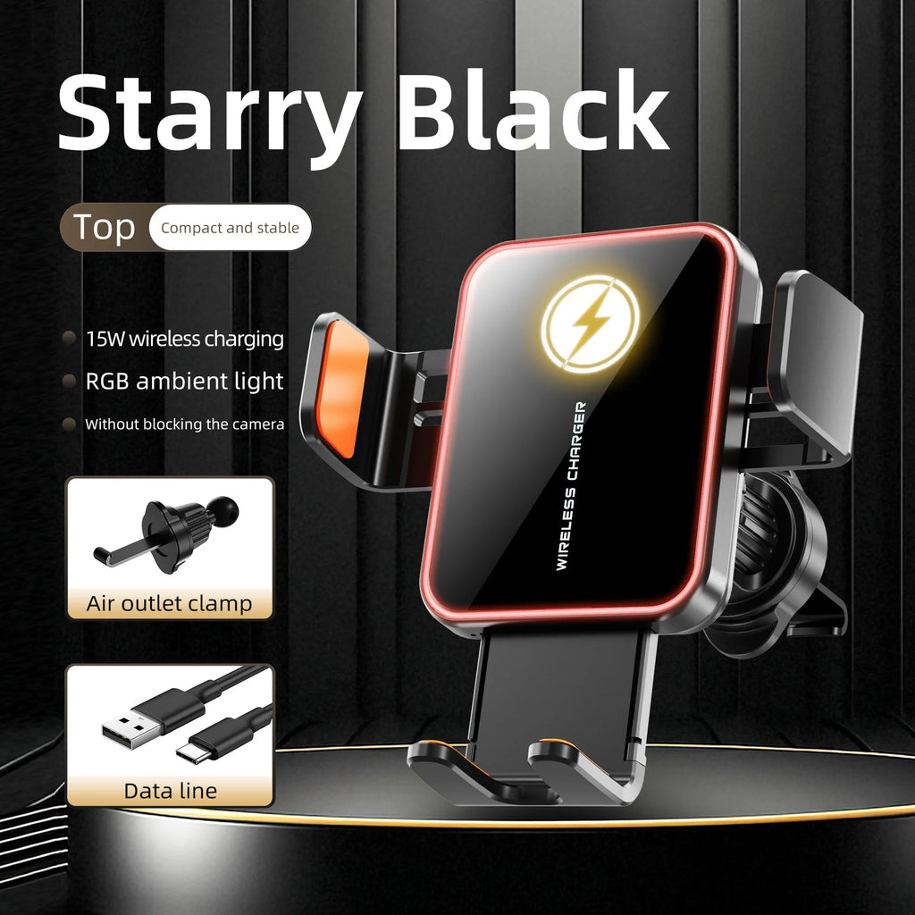 Small 15W Wireless Car Charging Holder with Automatic Clamping Phone Holder and LED Light Adjustment Button