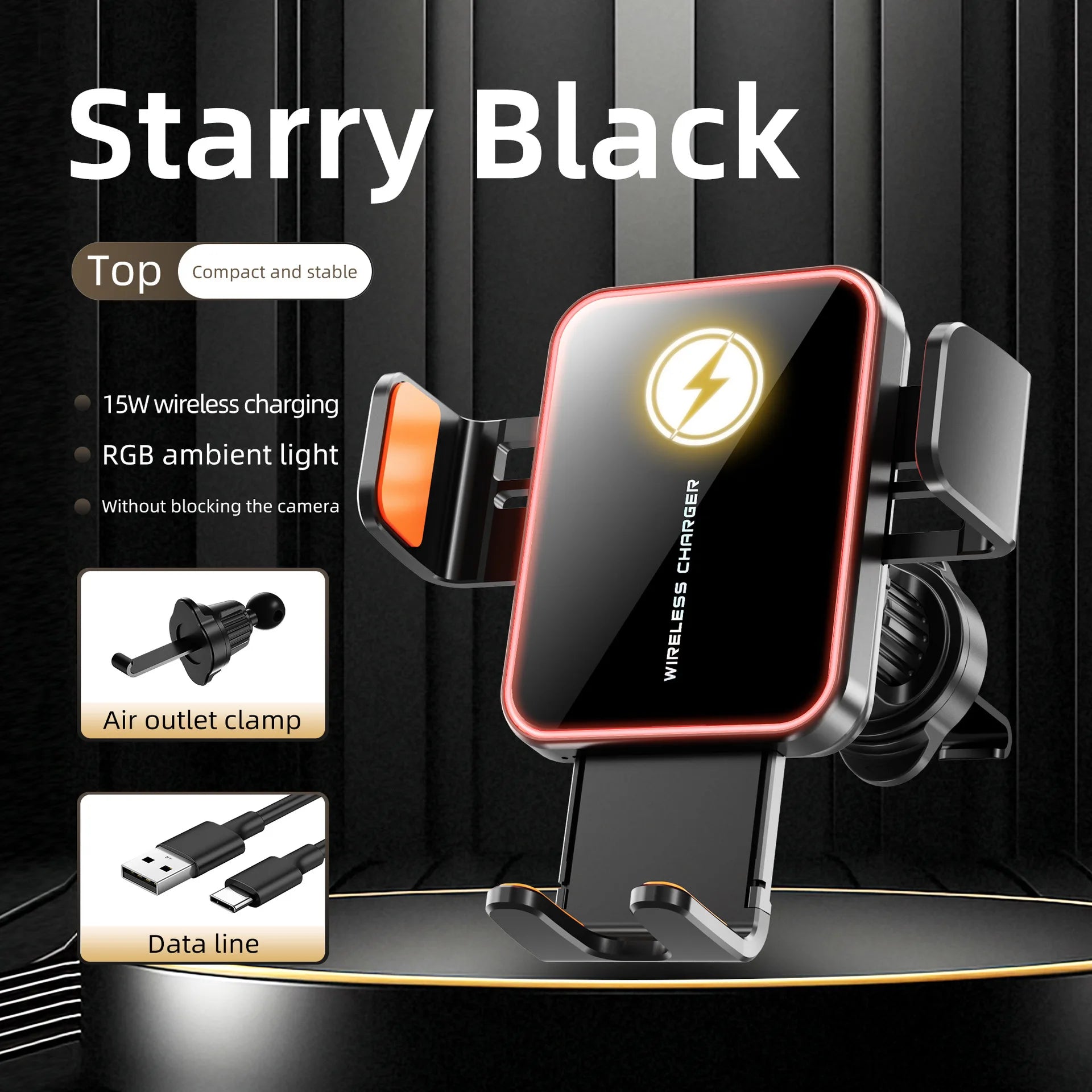 Small 15W Wireless Car Charging Holder with Automatic Clamping Phone Holder and LED Light Adjustment Button