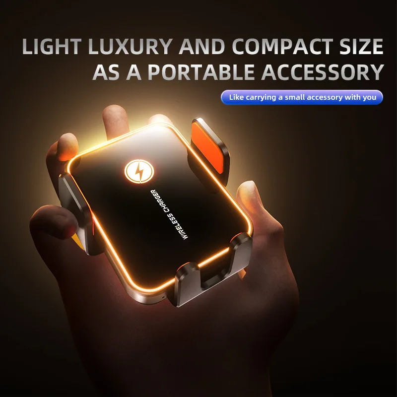 Small 15W Wireless Car Charging Holder with Automatic Clamping Phone Holder and LED Light Adjustment Button