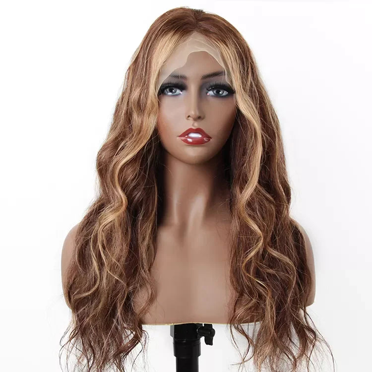 13x4 HD Lace Frontal Piano Highlights Body Wave Wig with Brown Blonde Highlight Glueless Wig Chocolate Highlight Human Hair Wig