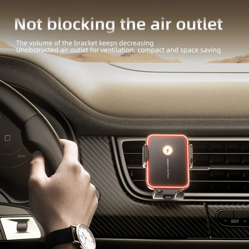 Small 15W Wireless Car Charging Holder with Automatic Clamping Phone Holder and LED Light Adjustment Button