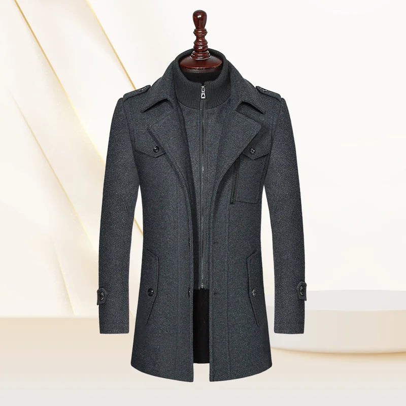 Autumn and Winter Fashion Double Collar Vertical Zipper Standard Men's Business Long Tweed Coat suit