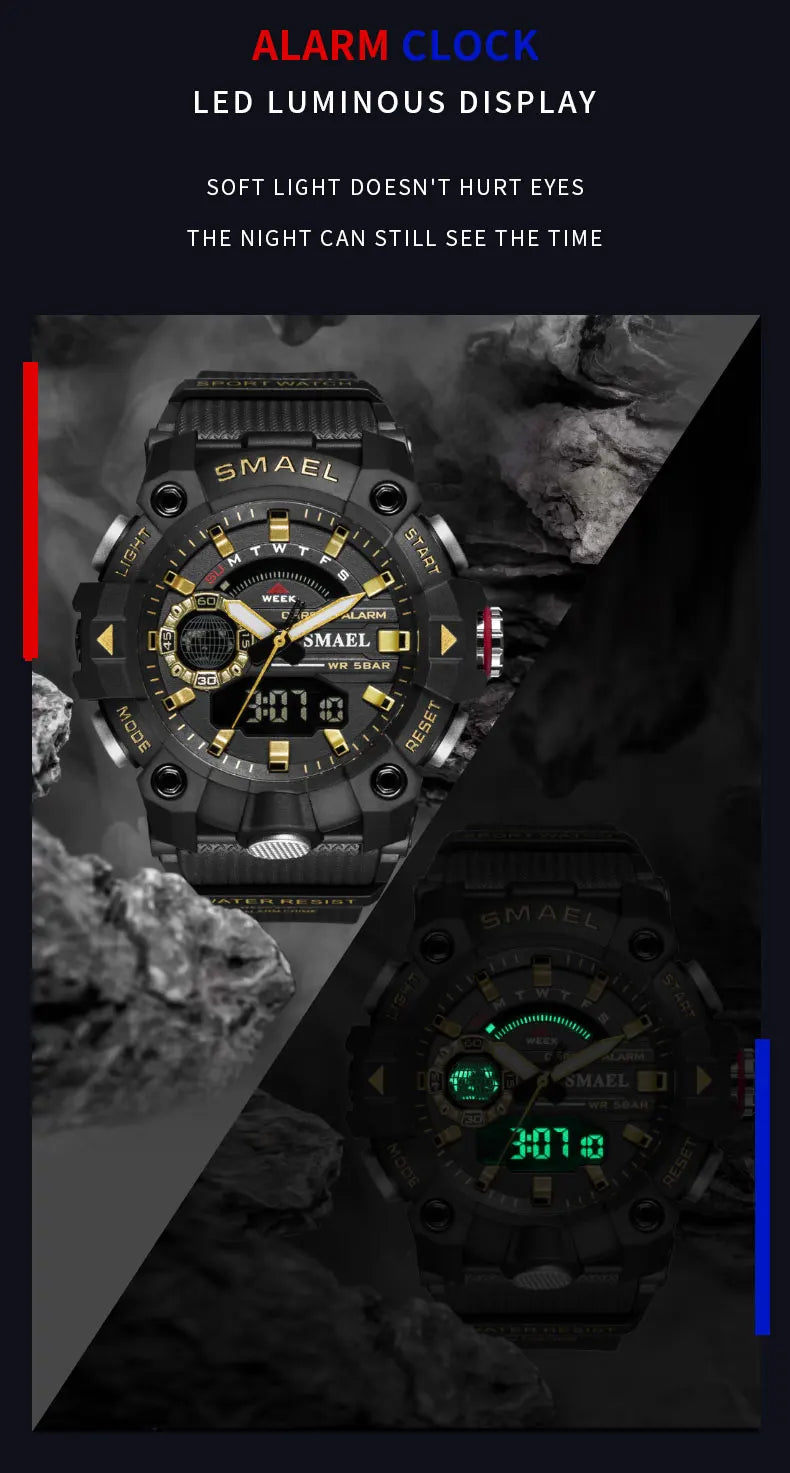 SMAEL Fashion Sport Watches Men Shock Resistant 50M Waterproof Wristwatch LED Alarm Stopwatch Clock Military 8040 Men Watch