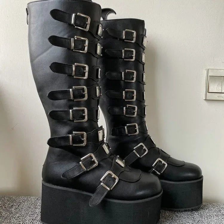 Women Boots Cosplay Ladies High Heel Platform Wedges Women High Boots  Buckle Strap Long Tube Leather Female Boots