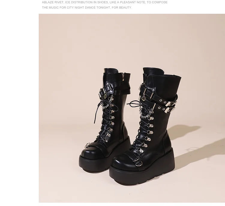 Ladies Platform Boots Fashion Chain Punk Goth Wedges 8cm High Heels Women's Boots Party Street Cosplay Woman Shoes Bota Feminina