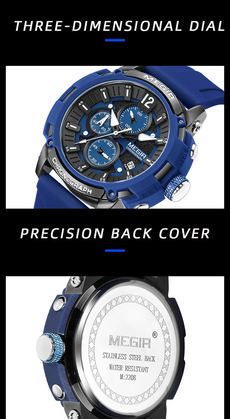 Megir Men's Chronograph Analog Quartz Watch for Men with Date Luminous Hands Orange Silicone Strap Waterproof Wristswatch Male