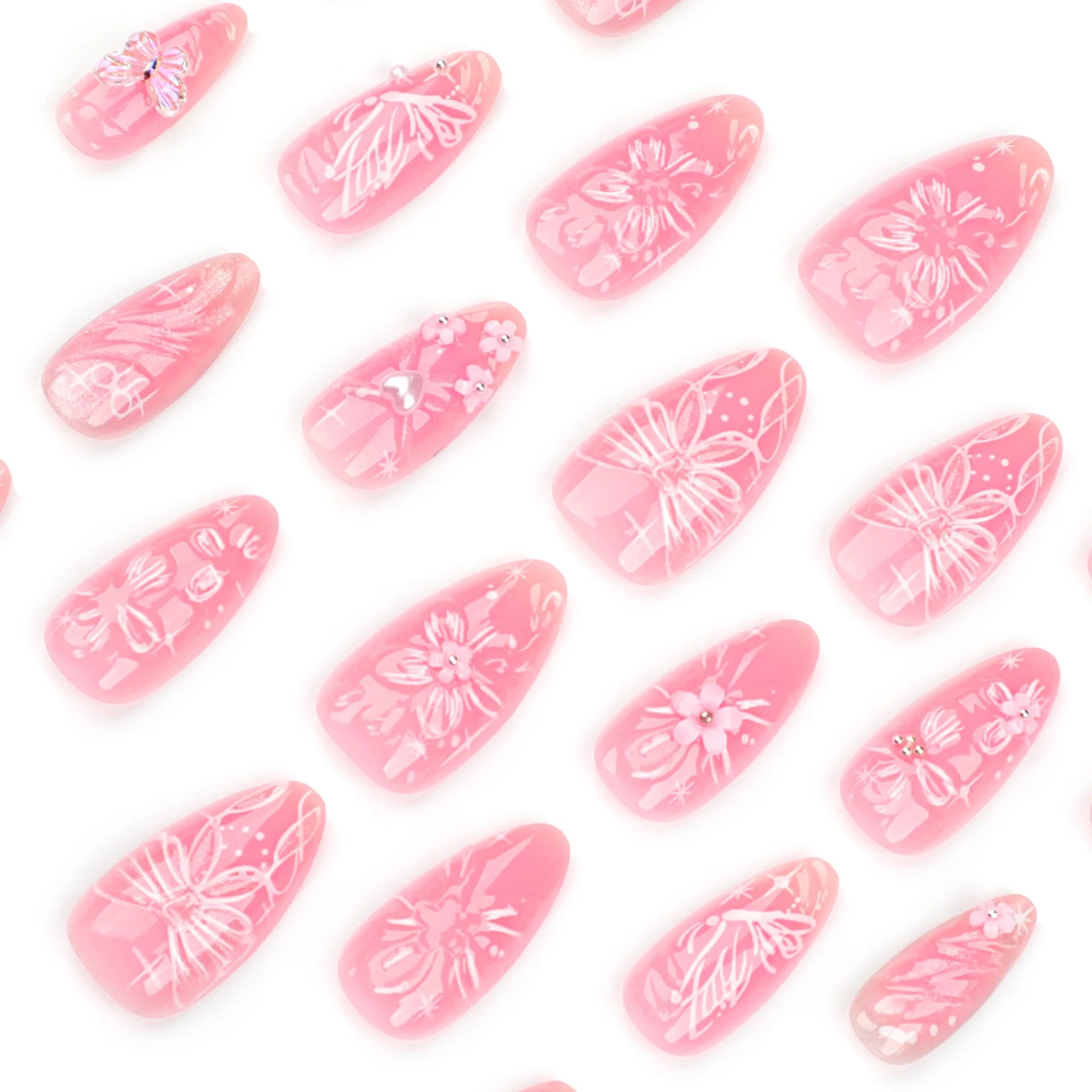 24pcs 3D Pink Flower False Nails Sweet French Almond Fake Nail Patch Full Cover Wearable Hand-painted Butterfly Press on Nails