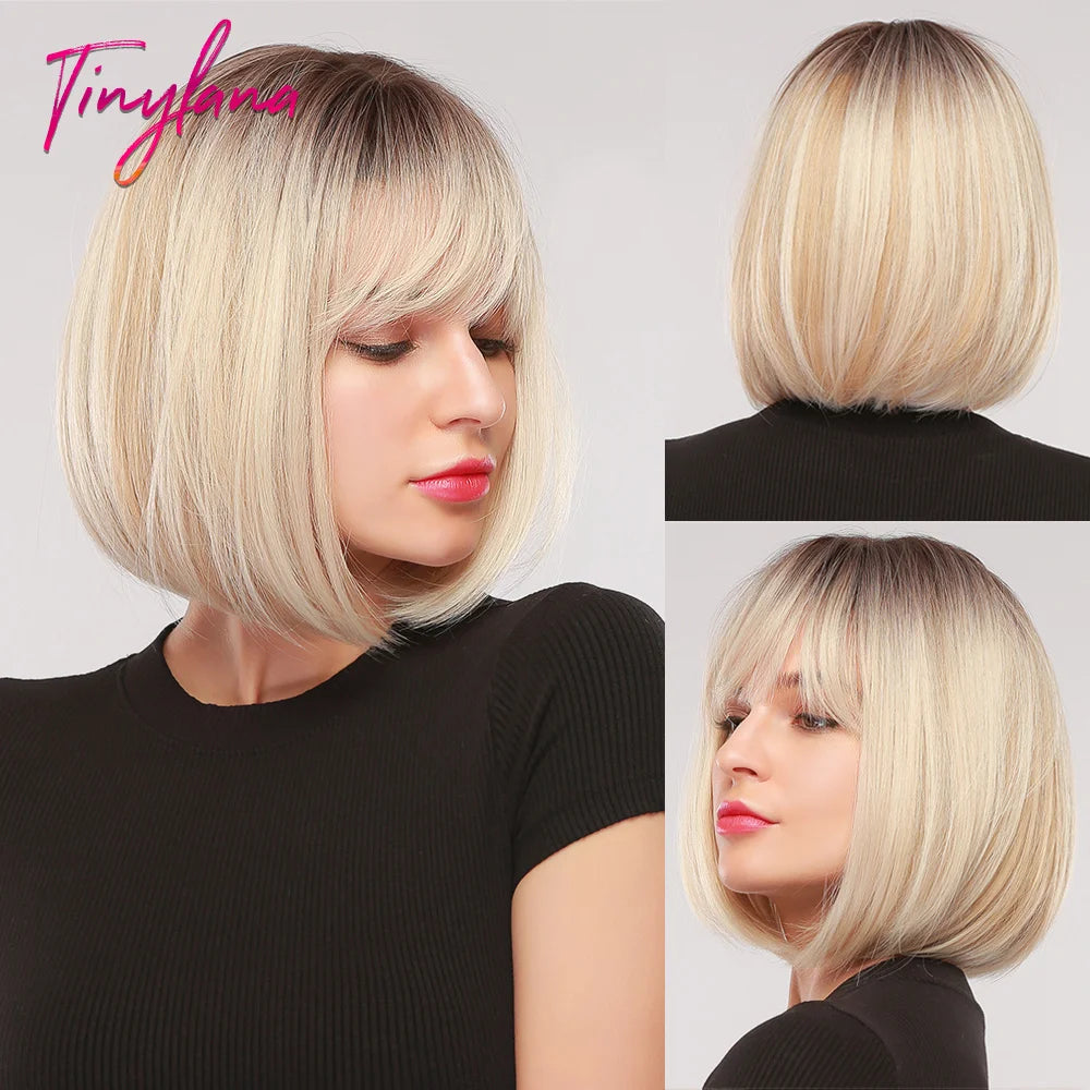 White Blonde Gray Synthetic Wigs with Bangs Short Straight Bob Hair Wig for Women Cosplay Daily Natural Hair Heat Resistant