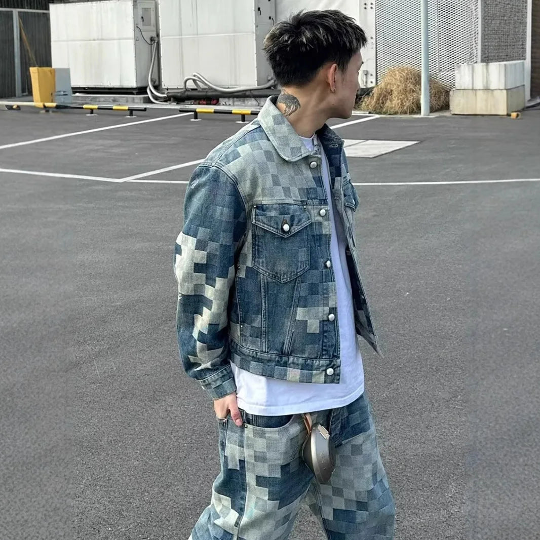Vintage Loose Denim Jacket Trendy Men's Loose-Fit Jacket Men Streetwear Harajuku Style Plaid Coat Hip Hop Gothic Clothes