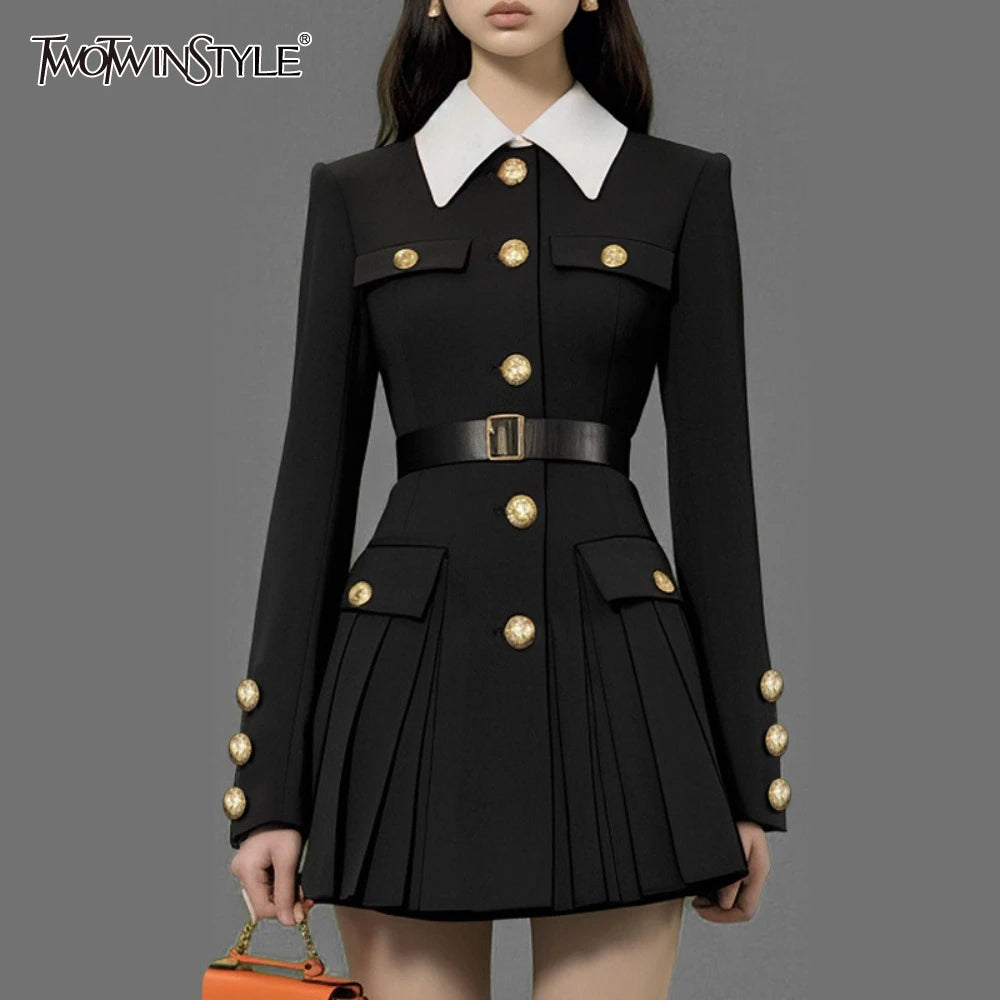 TWOTWINSTYLE Hit Color Spliced Button Slimming Dresses for Women Lapel Long Sleeve Temperament Mini Dress Female Clothes