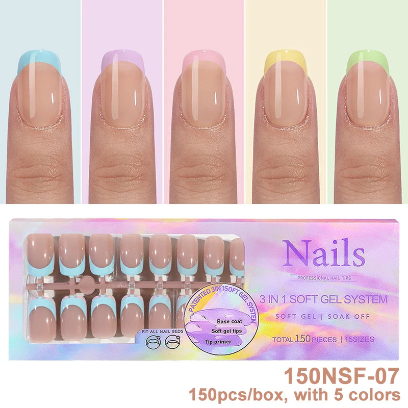 150Pcs/Box Acrylic Press on Nails Full Cover Fake False Tips Soft Gel Extension T-shaped Oval Capsule Almond Sculpted Salon DIY