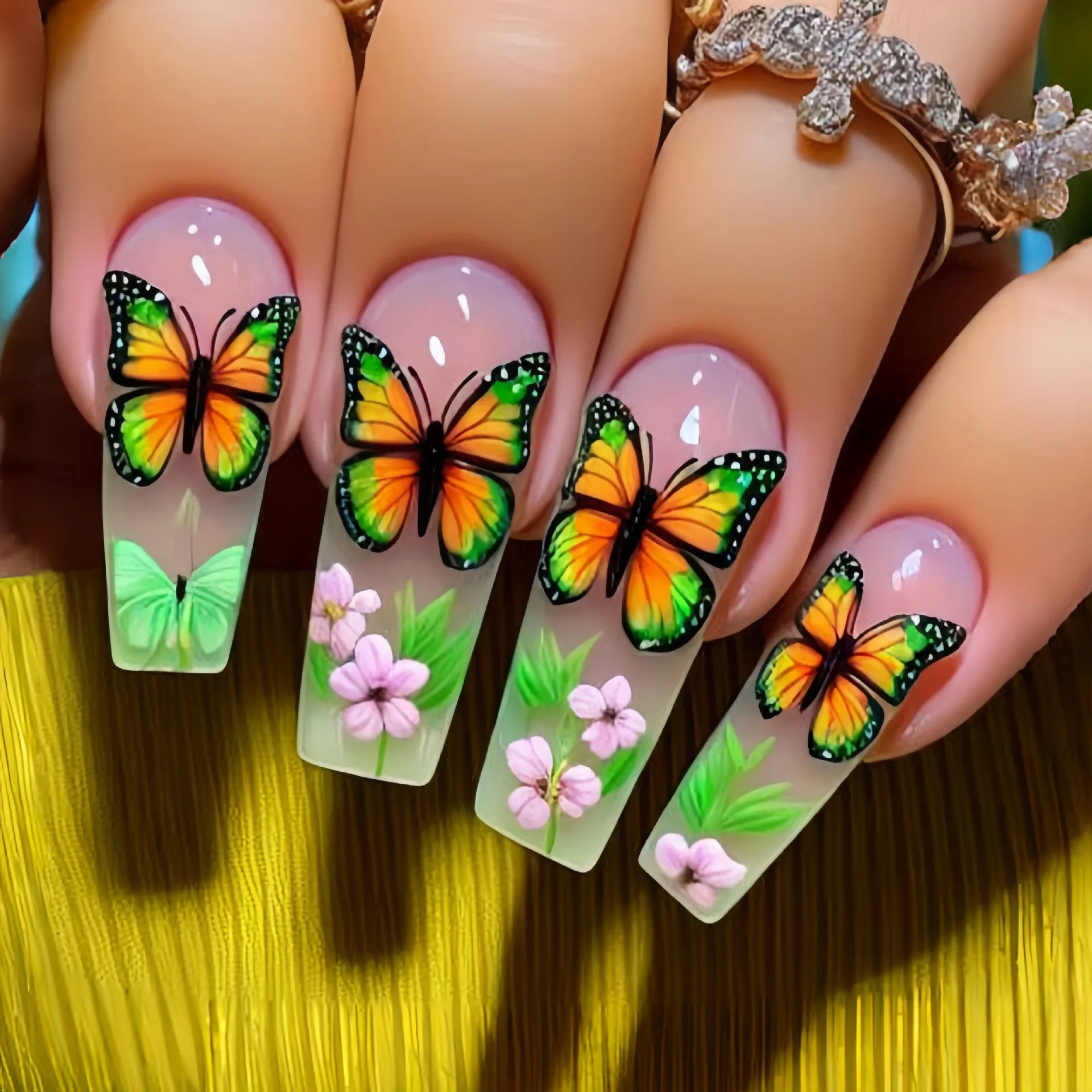 24pcs Blue Gradient Press on Nails Finished Golden Flower Coffin False Nail Tips Long Ballet Fake Nail with Pearl Design Nails