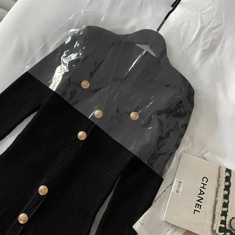 Elegant Long Sleeve Tweed Style Knit Dress Women's Autumn 2023 New V-neck Waist-fitted Slimming Dress Black