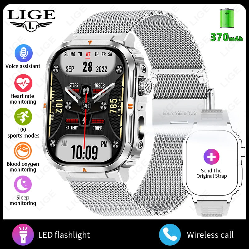 2025 New Professional Sports Smart Watch Men 2.01'' Large Screen Bluetooth Call Watches Flashlight Waterproof Outdoor Smartwatch
