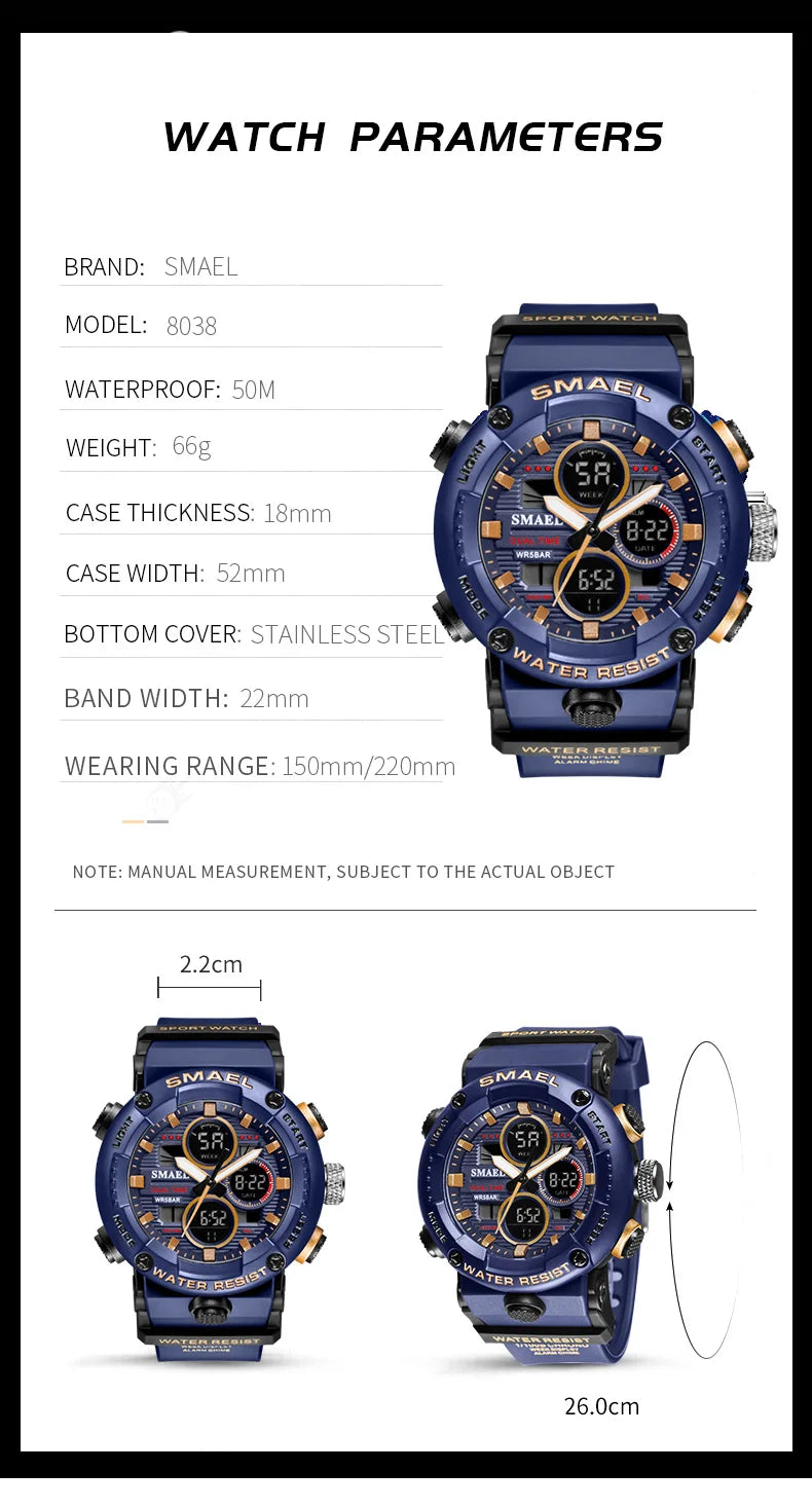 SMAEL Watch Men Waterproof LED Digital Watches Stopwatch Big Dial Clock For Male 8038 Sport Men Watches Quartz