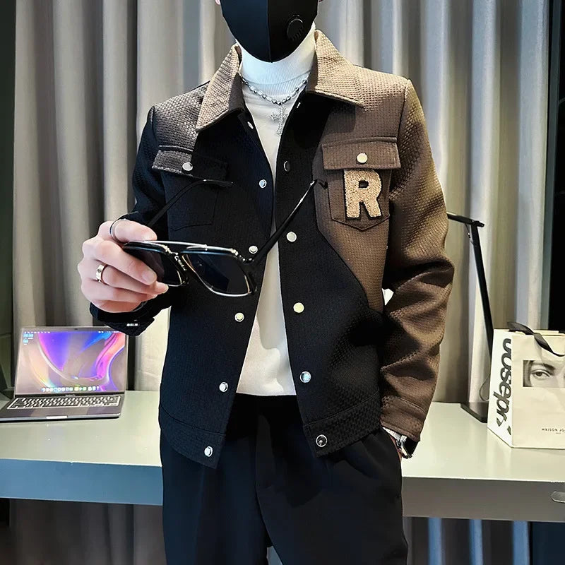 2024 New Spring and Autumn Color Contrast Trendy Slim Fit Coat for Men's Fashion Flip Collar Casual Jacket