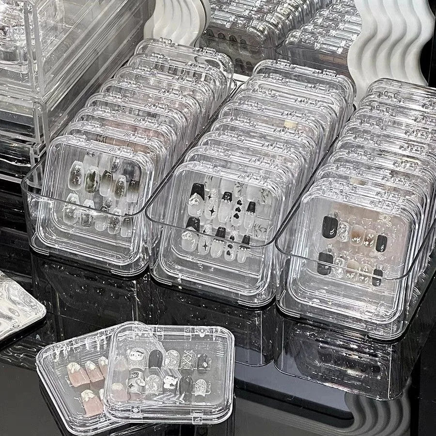 10PCS Press-On Nail Storage Acrylic Boxes with Adhesive Sheets Transparent Clear Nail Boxes Jewelry Storage Tool&Accessories