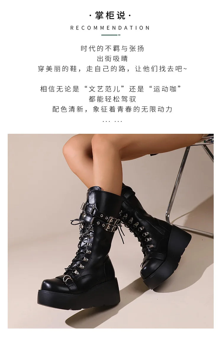 Ladies Platform Boots Fashion Chain Punk Goth Wedges 8cm High Heels Women's Boots Party Street Cosplay Woman Shoes Bota Feminina