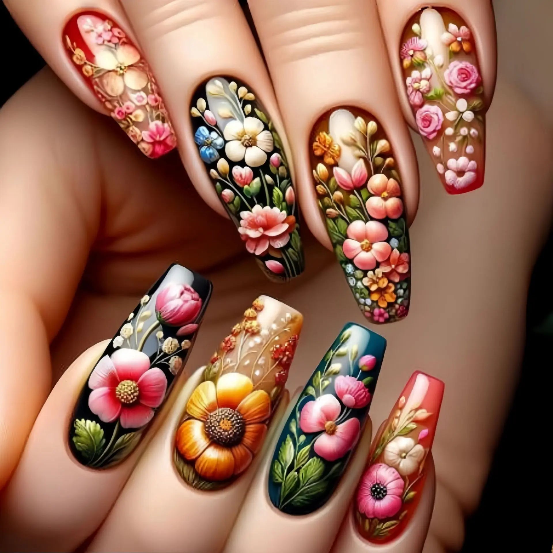 24pcs Blue Gradient Press on Nails Finished Golden Flower Coffin False Nail Tips Long Ballet Fake Nail with Pearl Design Nails