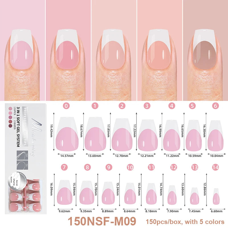 150Pcs/Box Acrylic Press on Nails Full Cover Fake False Tips Soft Gel Extension T-shaped Oval Capsule Almond Sculpted Salon DIY