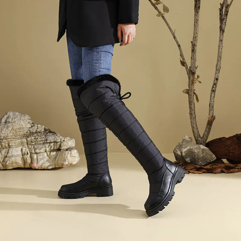Warm Snow Boots Winter Thick Fleece Lining Women Shoes Waterproof Down Cotton Knee Length Long Boots Lace Up Warm Cotton Shoes