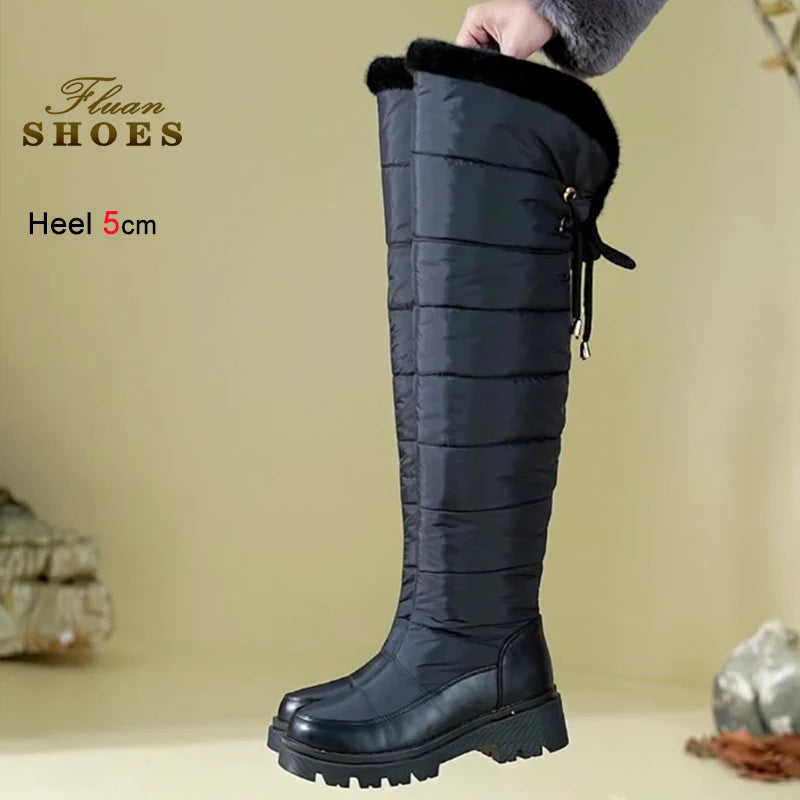 Warm Snow Boots Winter Thick Fleece Lining Women Shoes Waterproof Down Cotton Knee Length Long Boots Lace Up Warm Cotton Shoes