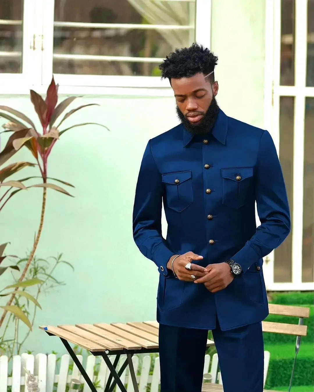 Suits for Men 2 Piece Fashion Stand Collar Single Breasted Suit Solid Color Wedding Tuxedo Business Casual Suit (Jacket+Pants)