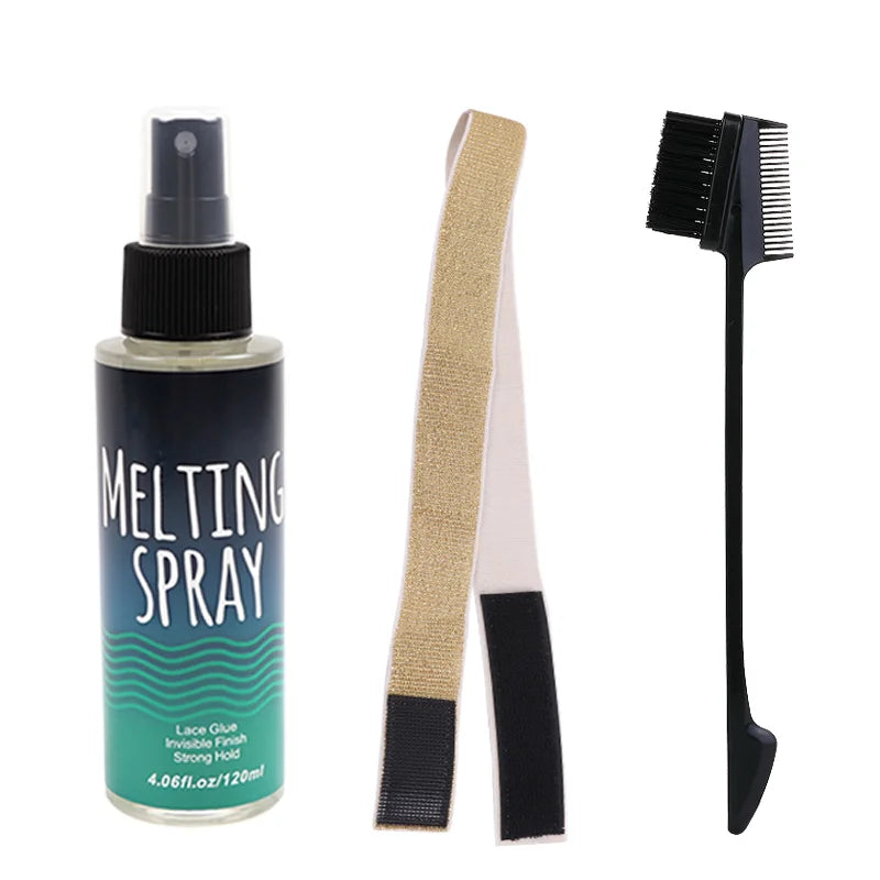 Wig Installation Kit Set Include 1Pcs 3In1 Hair Brush 1Pcs 120Ml Melting Spray For Lace Wigs 1Pcs Golden Shiny Elastic Headband