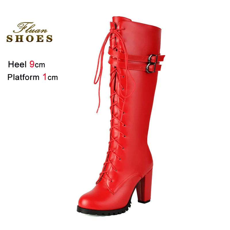 2025 Knight Boots Autumn Winter Women Shoes Tall Boots Round Toe Platform Coarse Heel Knee Length Boots Lace Up Lady Long Boots