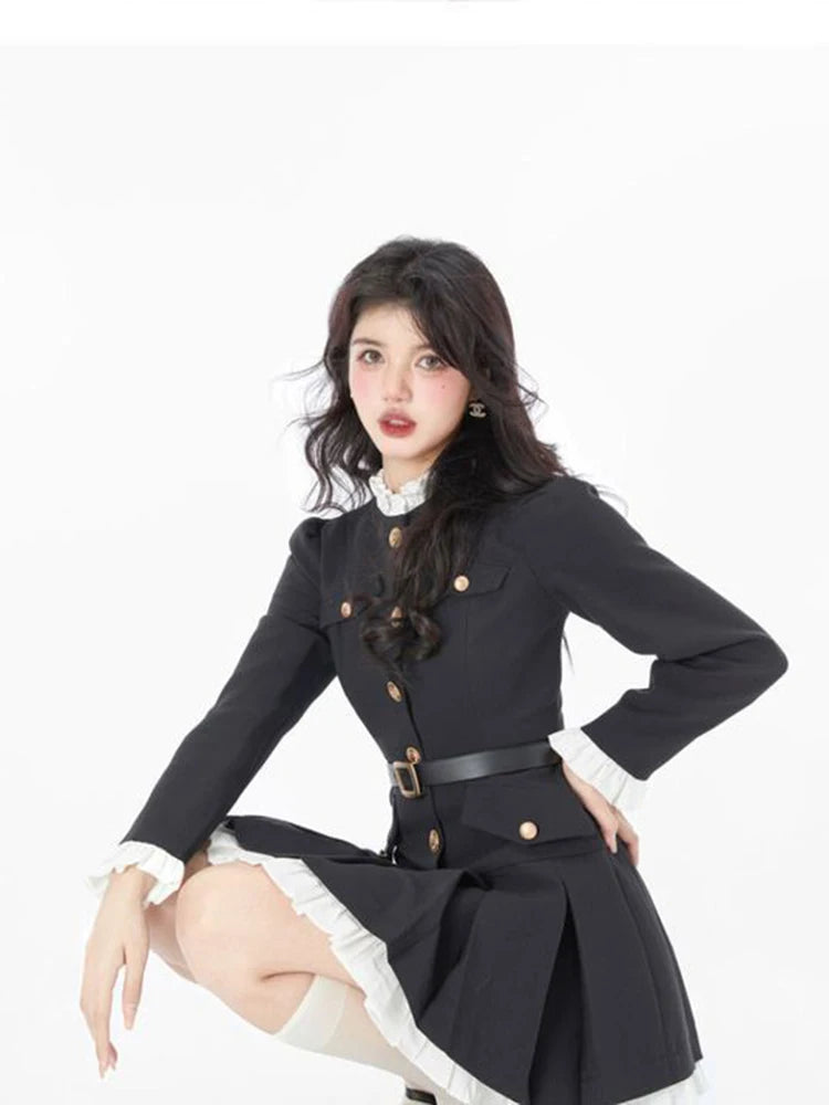 French Fashion Mini Dress Women Small Fragrance Long Sleeve Button Patchwork Suit Dresses Sweet Belt Slim O Neck Chic Vestidos