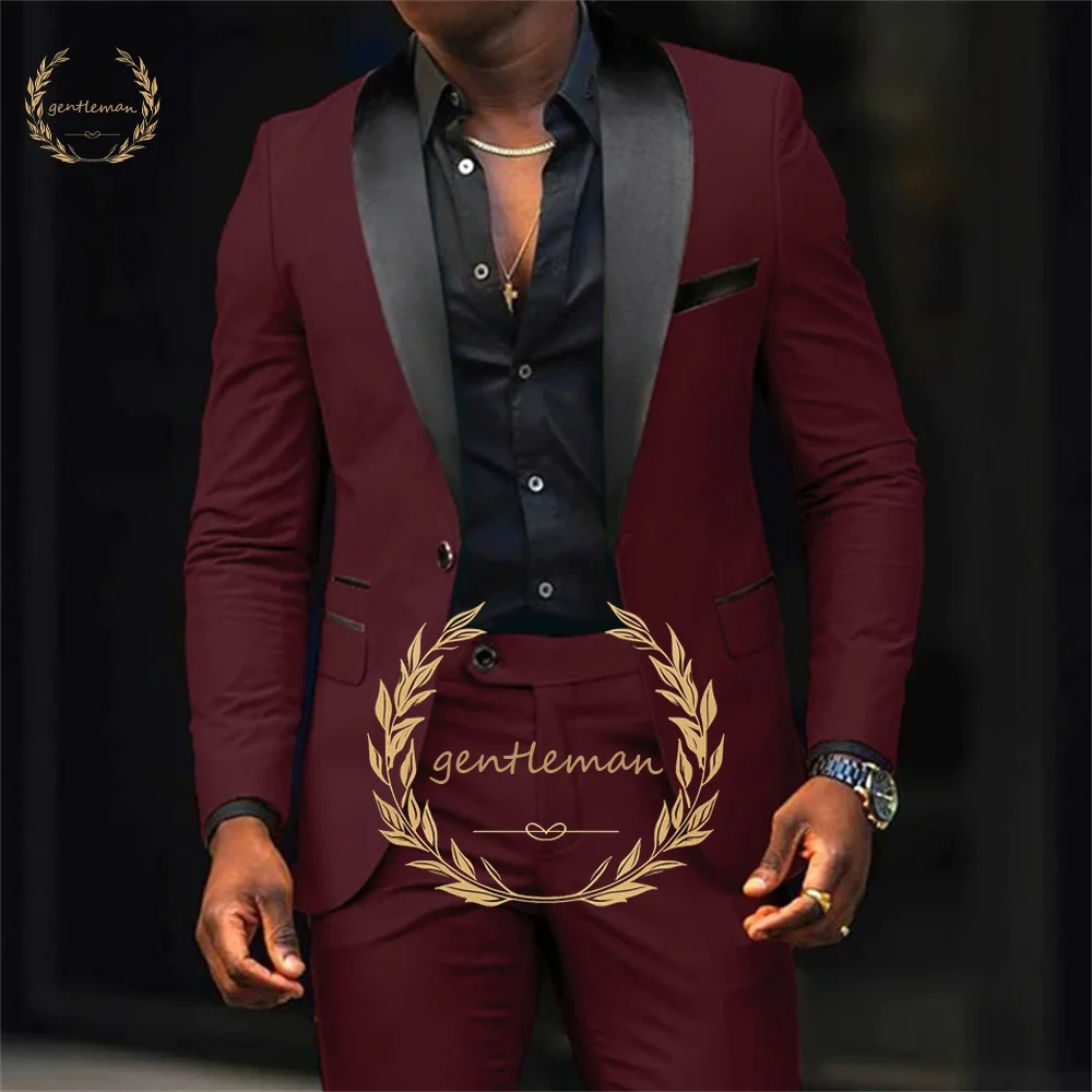 Men's black and red shawl one button suit, men's elegant slim fashion suit custom party cocktail casual tuxedo